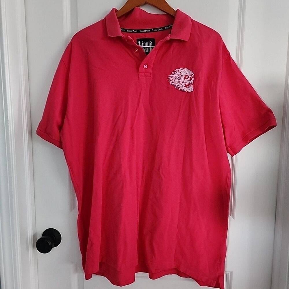 Liquid Death Polo Shirt Mens XL Hot Pink Short Sleeve Embroidered Skull Logo